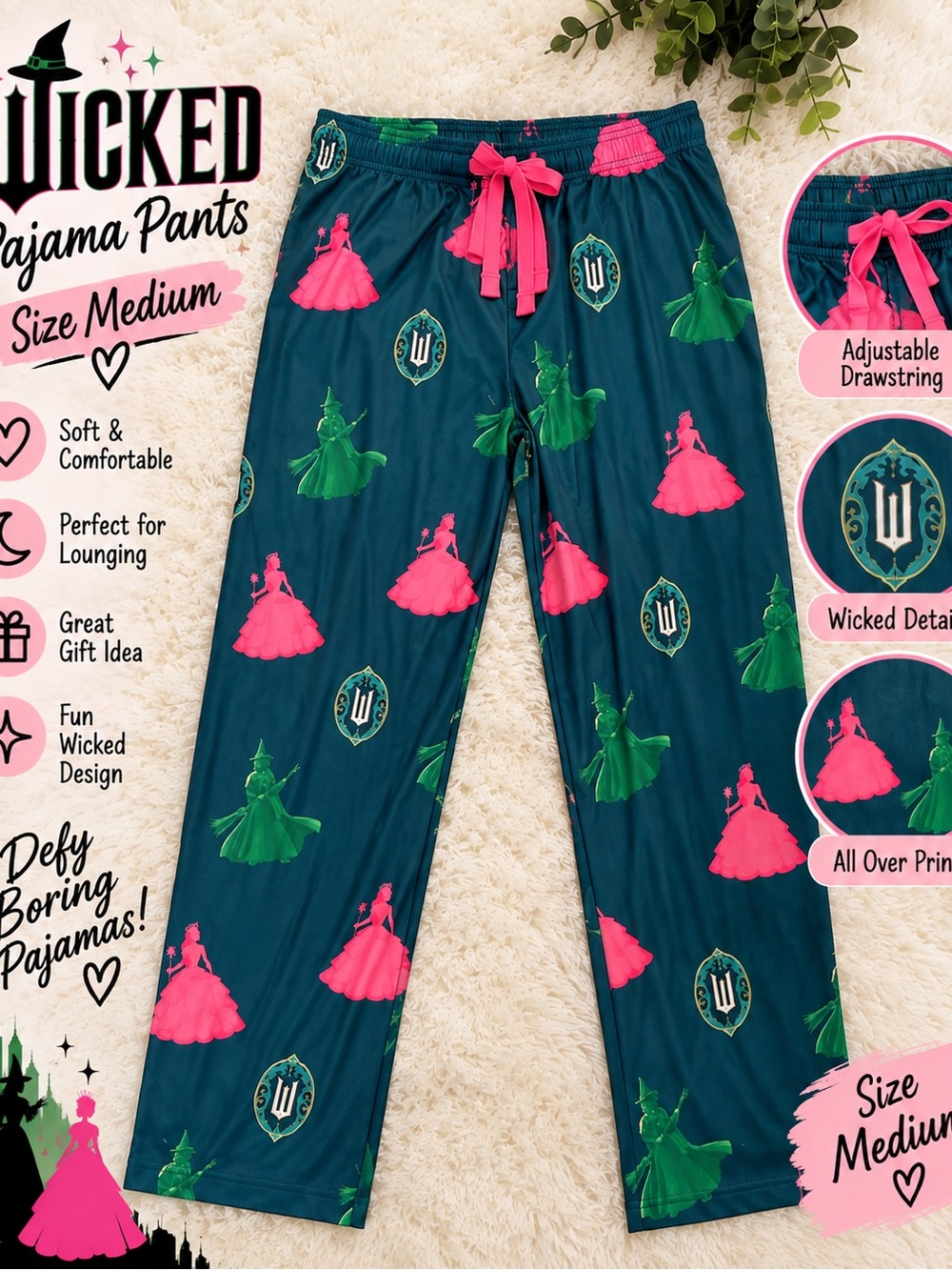 Kids Pajama Pants - Teal with Pink & Green Princess Print